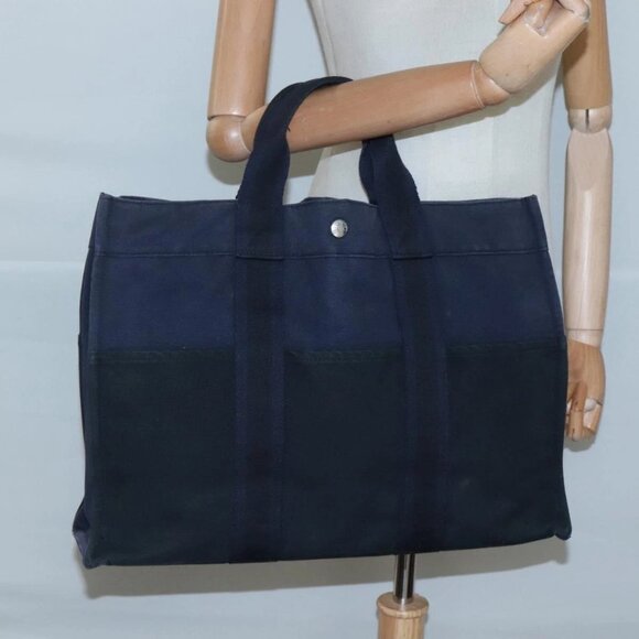 HERMES Fourre Tout MM Hand Bag Canvas Navy Black Silver Auth - Picture 1 of 16